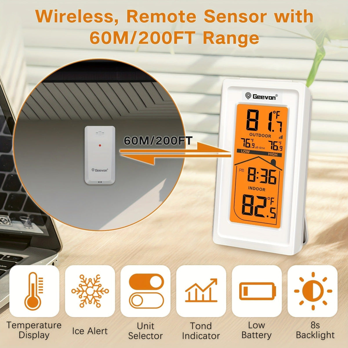 Indoor Outdoor Thermometer Hygrometer – Temperature Humidity Meter with Time Display, 48Hr History, Backlight & Ice Warning —