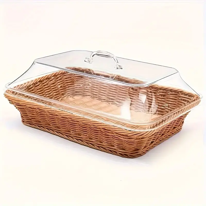 Wicker Bread Basket with Clear Acrylic Lid Rattan Storage Basket Washable Food Tray for Bread Fruit Desserts Kitchen Picnic H