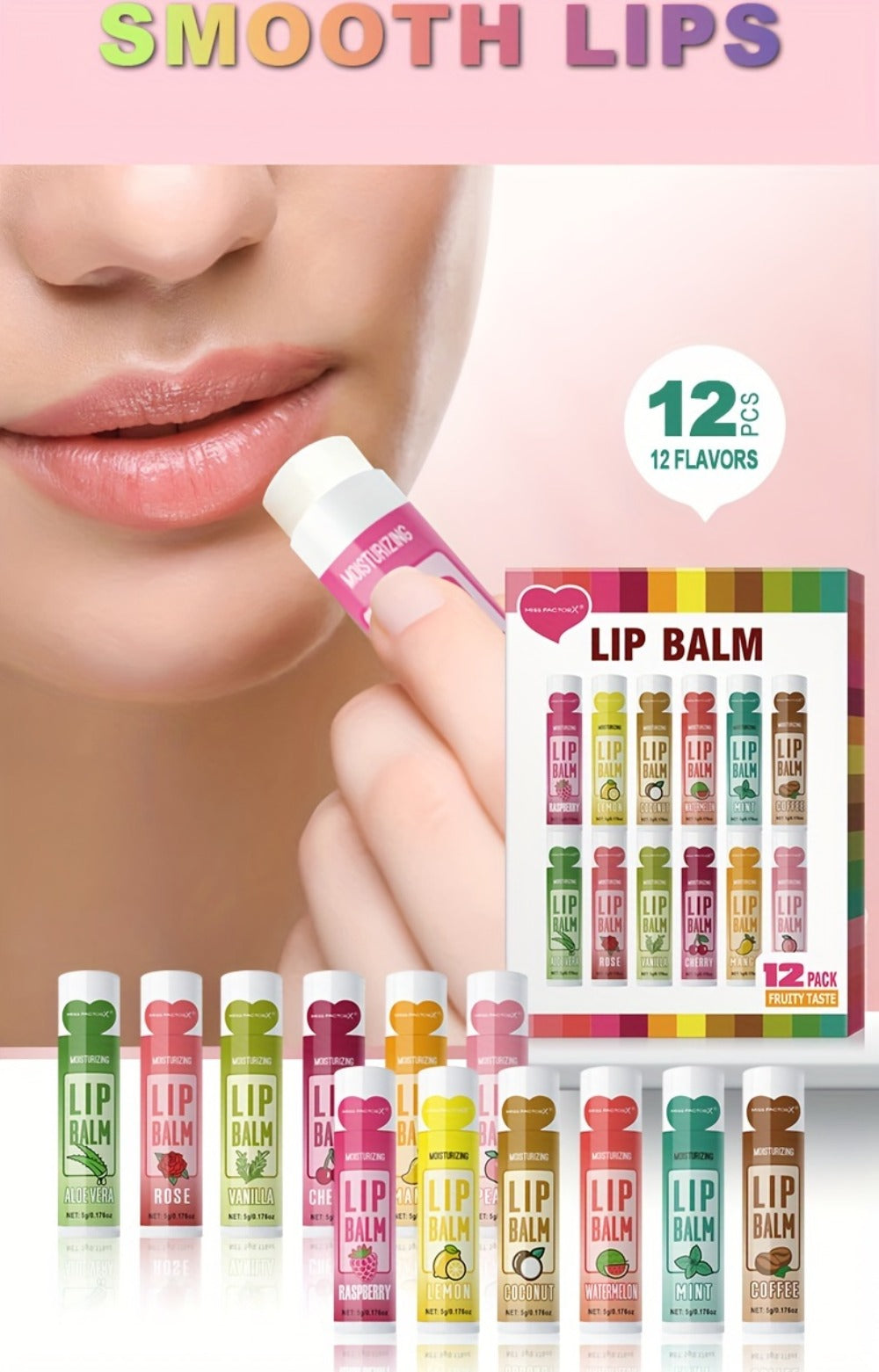 12-Piece Tube Lip Balm Set with 12 Pictured Fruit and Botanical Flavor Labels in a Display Box — image 10
