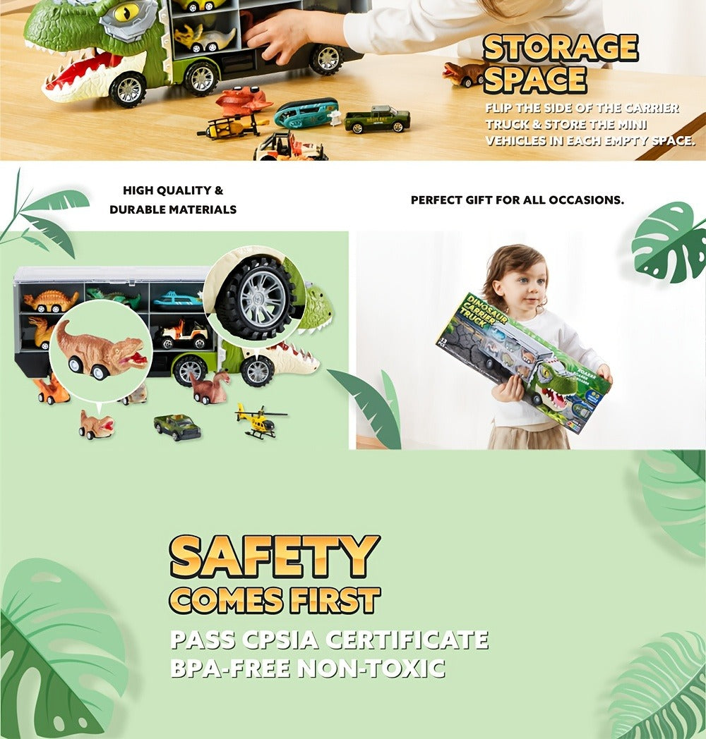 Dinosaur Truck Toy Set 13 PCS, Transport Carrier Truck with Lights & Sounds + 8 Pull-Back Cars + 3 Die-Cast Dino Vehicles + H
