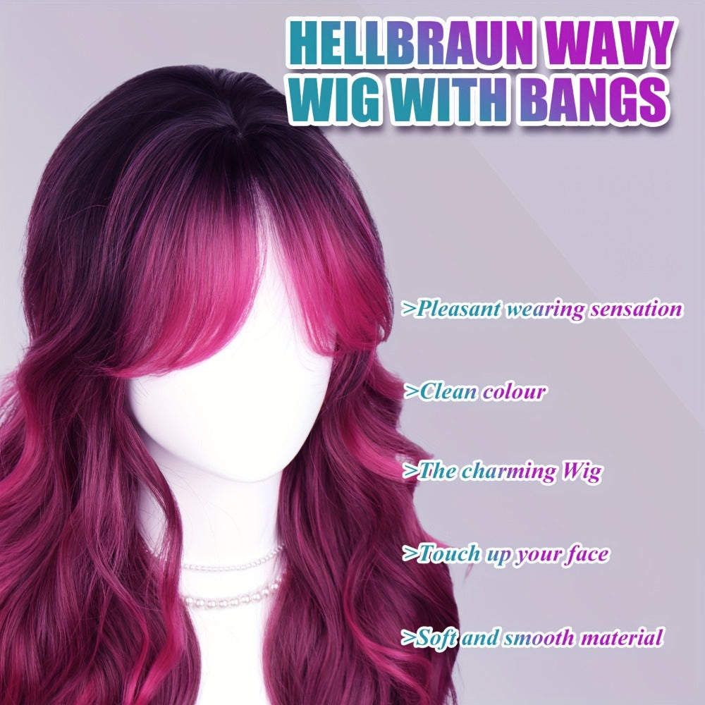 Synthetic Wig 28-Inch Rose-Red Gradient Waves with Air Bangs, 150% Density and Rose Net Cap — image 6