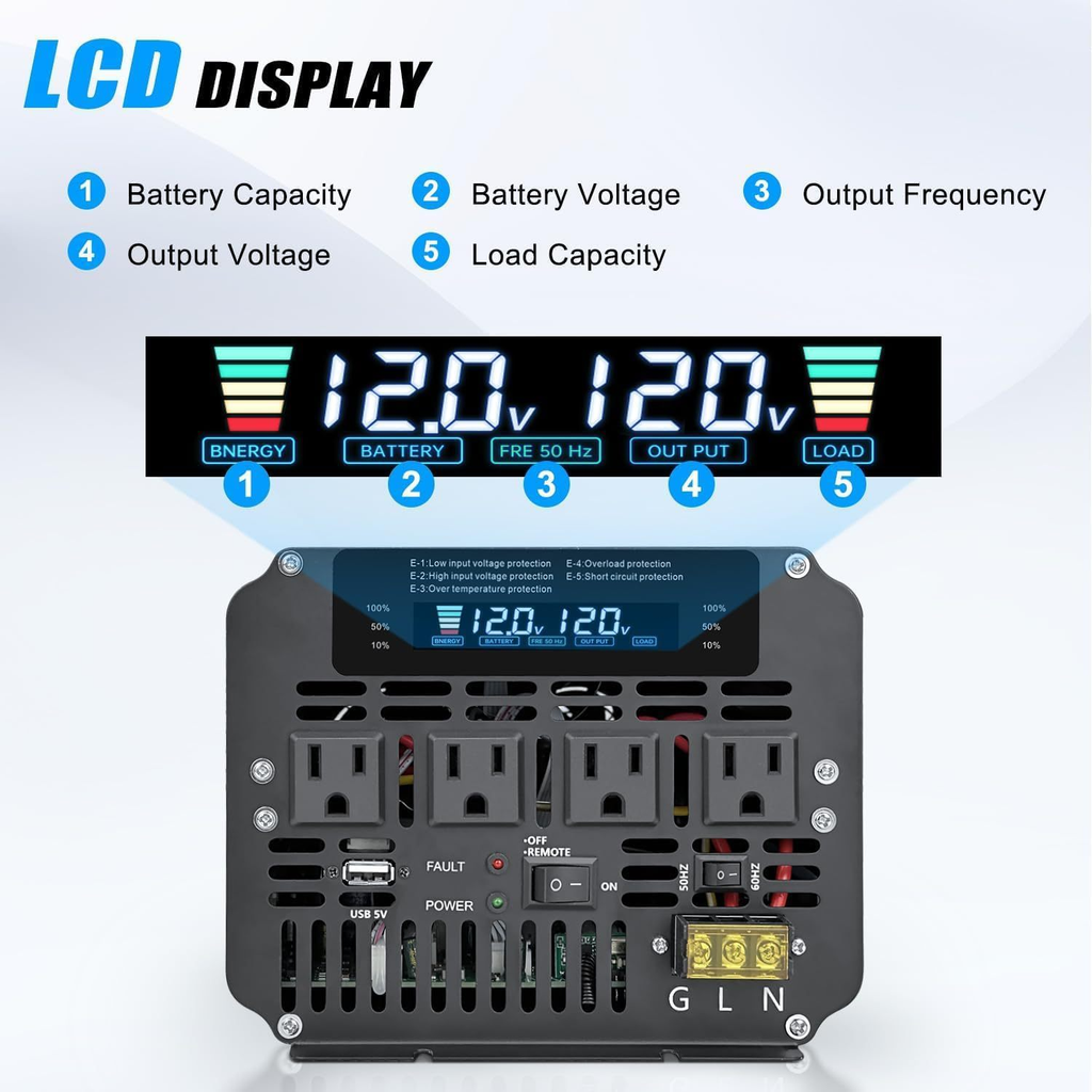 Pure Sine Wave Power Inverter 4000W 8000W Peak DC 12V to AC 110V with LCD Display Remote Control 4 AC for Garden, Patio and Y