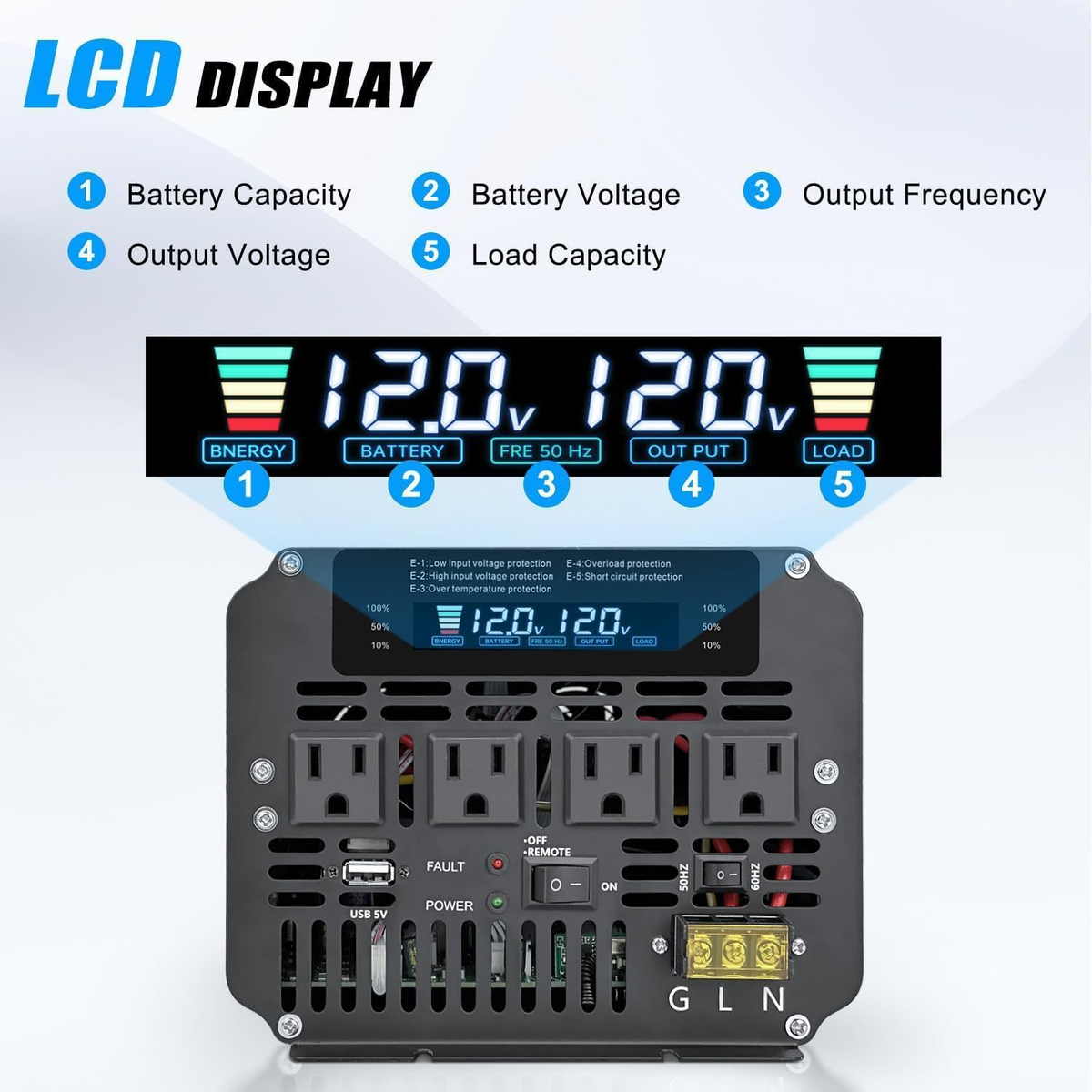 Pure Sine Wave Power Inverter 4000W 8000W Peak DC 12V to AC 110V with LCD Display Remote Control 4 AC for Garden, Patio and Y
