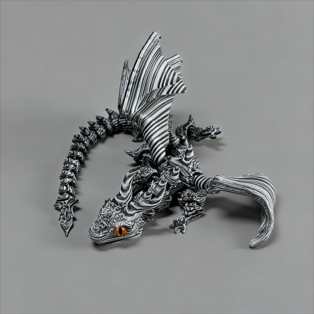Articulated Black-and-White Swirl Dragon Figurine with Poseable Segments and Random Eye Color for Desktop Display — image 2