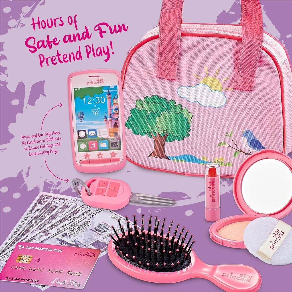 Girls Play Purse Set with Accessories 9pcs, Pretend Makeup, Toy Keys, Fake Phone & Credit Card, Toddler Dress Up Handbag Role