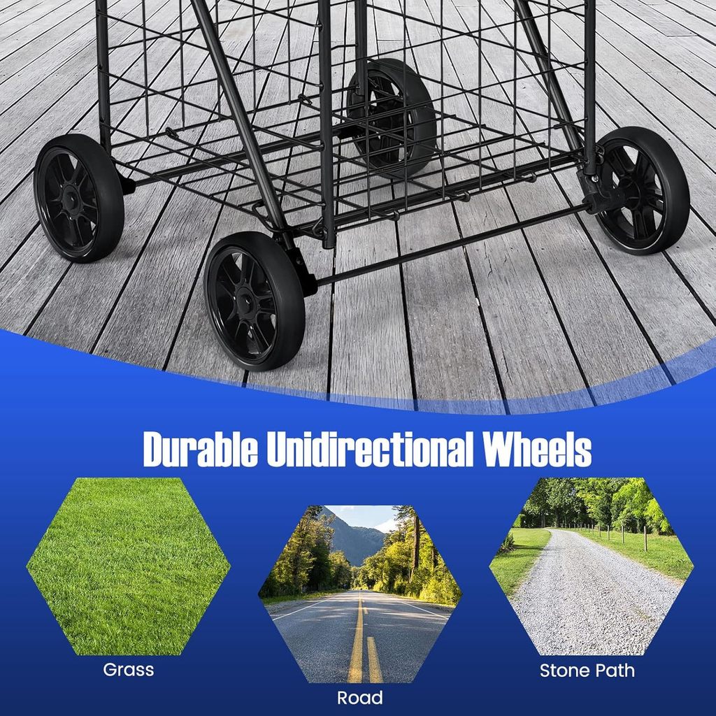 Rolling Shopping Cart Metal Basket, Foldable Grocery Utility Cart with Foam Handle Large Wheels 22 Gal for Supermarket Laundr