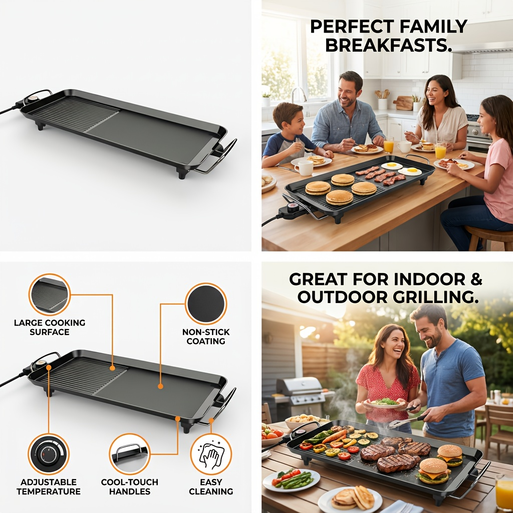 Indoor Electric Grill Smokeless, Non-Stick BBQ Griddle with Adjustable Temperature & Drip Tray — image 9