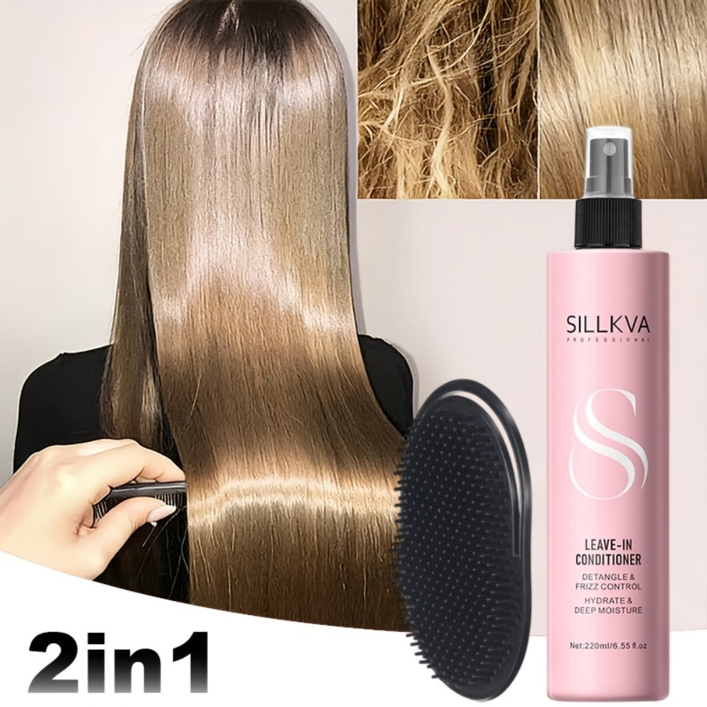 Leave-In Conditioner Spray & Detangling Hair Brush Set - Anti Frizz Smoothing Glycerin Formula for Home, Travel and Salon Hai
