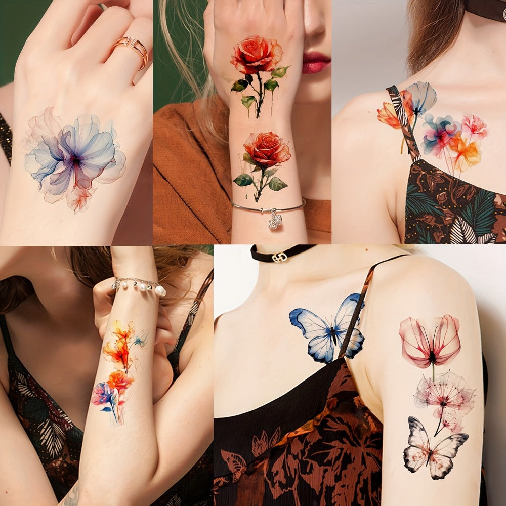 Temporary Tattoos GLARYYEARS 45-Sheet Watercolor Floral Set with 12 Large and 33 Small Designs for Arm, Wrist and Shoulder — 