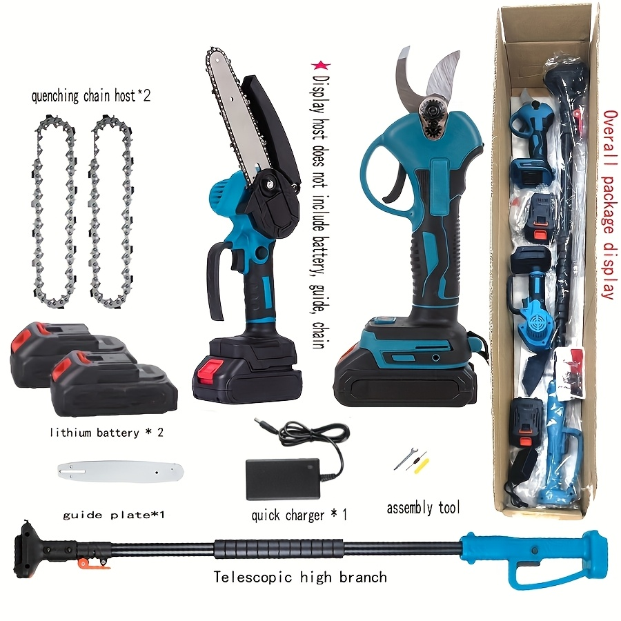 Pole Saw Set with Electric Chainsaw, 6-Inch Cordless Pruner, Long-Handle Scissor Kit, Safety Lock for Tree Pruning & Landscap