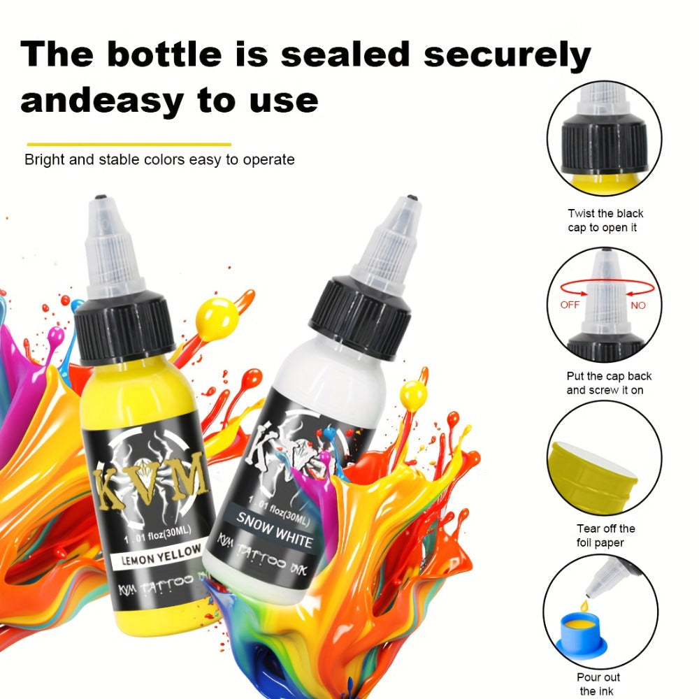 Tattoo Ink 7- or 14-Color Set with 1oz 30ml Bottles and Three Palette Configurations with Item-Specific Color, Capacity and B