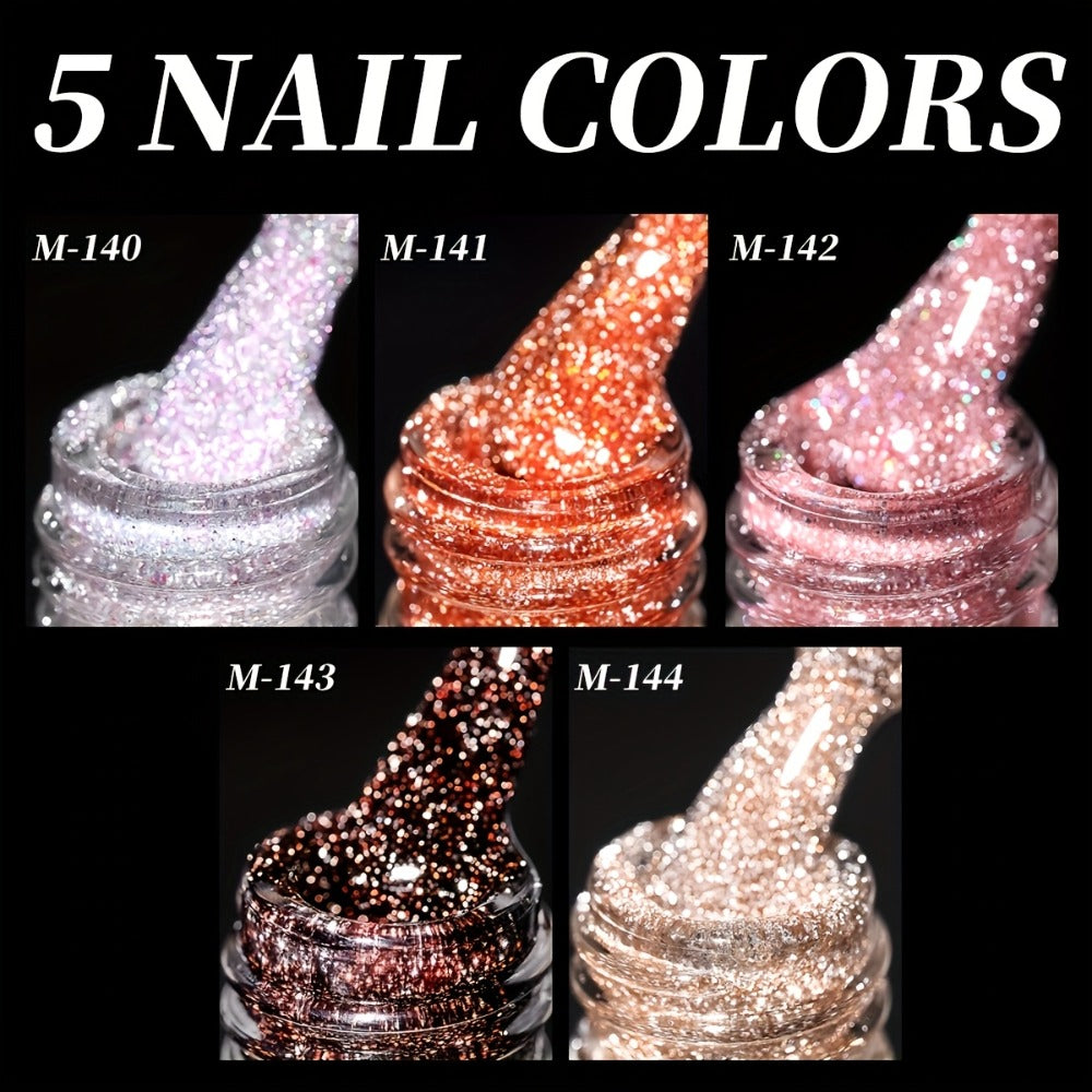 Gel Nail Polish 5-Color Pastel Diamond Glitter Set in Frame Bottles, Shades 140-144, with UV/LED Soak-Off Cure — image 3