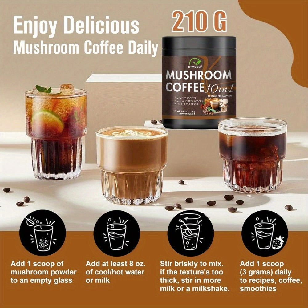 Mushroom Coffee Blend Powder 210g, Instant Coffee with Lion's Mane, Reishi, Cordyceps, Chaga & Chanterelle — image 9