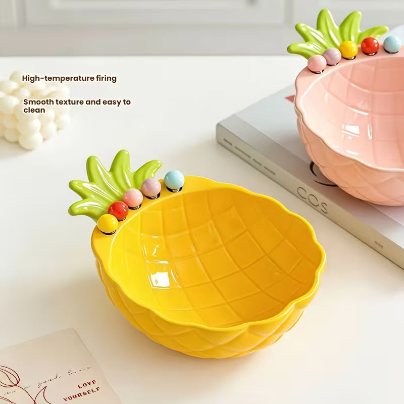 Pineapple-Shaped Ceramic Fruit Bowl with Stainless Steel Fork Set