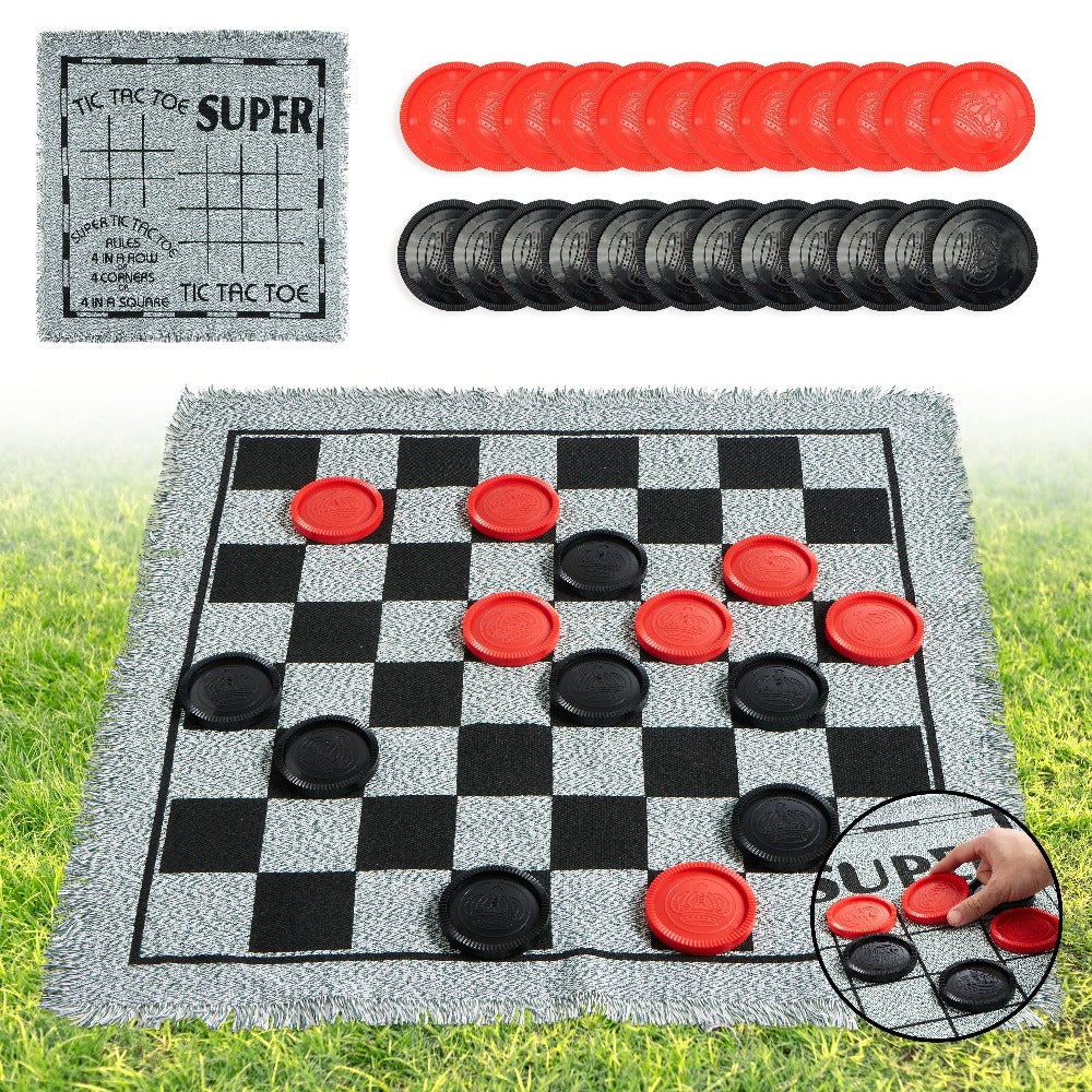 Giant Checkers Game 3-in-1 Set with Tic Tac Toe Reversible Mat 24 Oversized Pieces – Indoor Outdoor Family Board Game for Kid