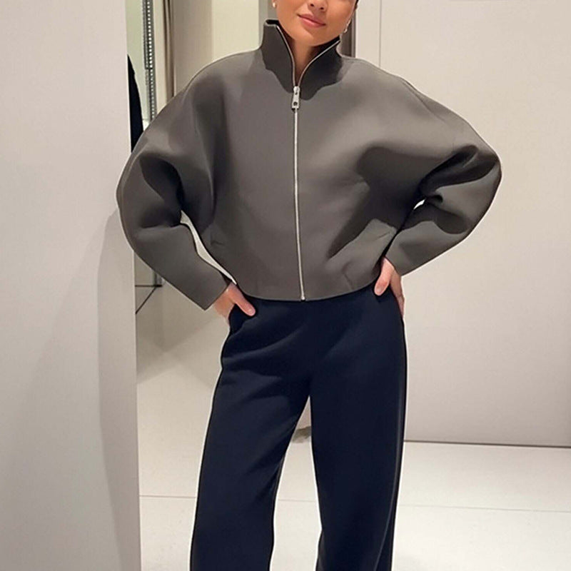 Solid Color Casual Stand Collar Zip Loose Jacket Coat Women
