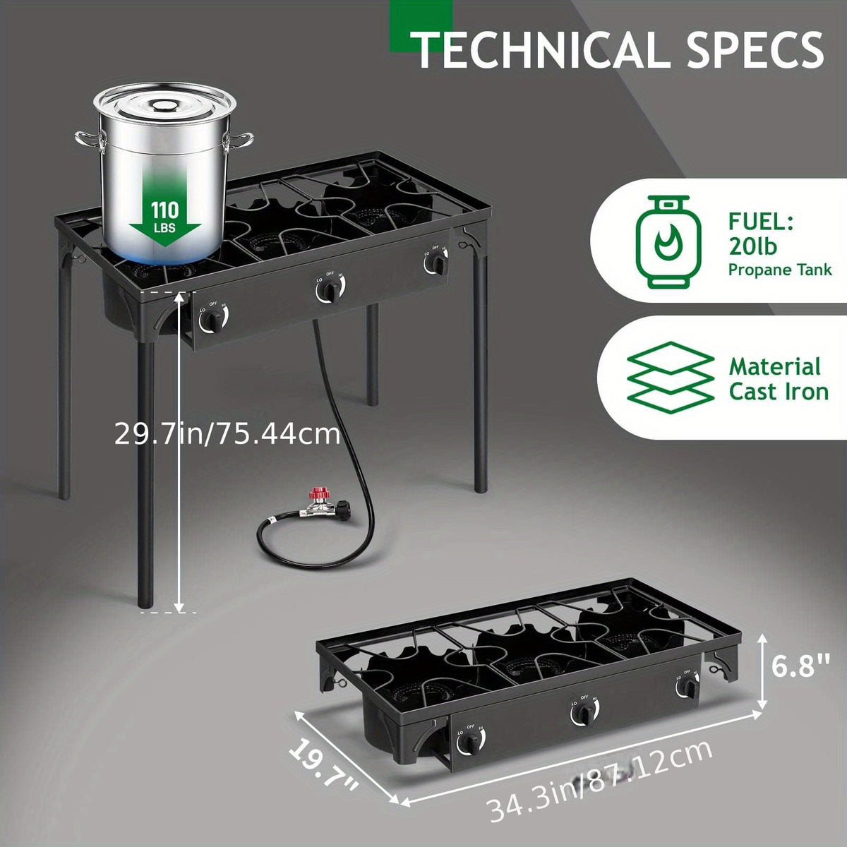 Outdoor Propane Burner Stove Cast Iron 1 or 3 Burner, 225000 BTU High-Pressure Cooker with Adjustable Heat — image 3