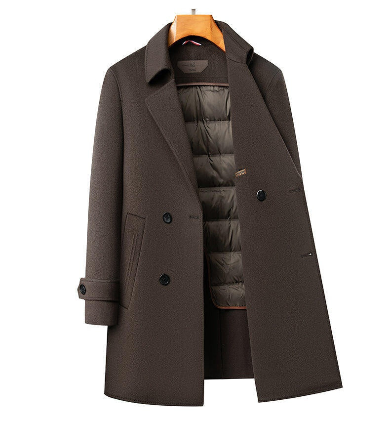 Arrival Long Double-Faced Wool Coat With Detachable Goose Down Lining And Double-Breasted Design