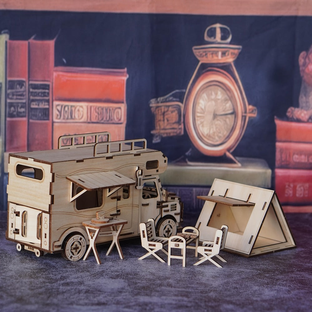 Wooden RV 3D Puzzle Model Kit with Motorhome Body, Fold-Out Side Panels and Miniature Camping Furniture — image 3