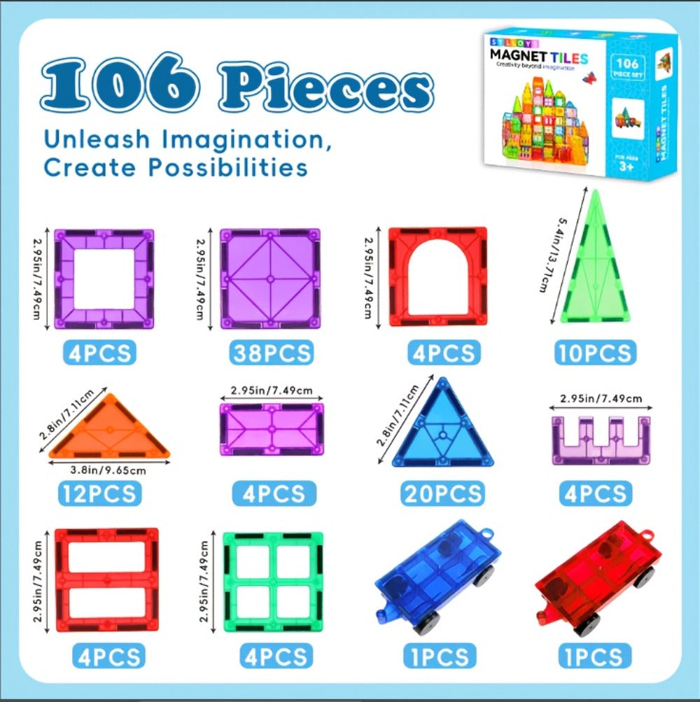 Magnetic Tiles Building Sets in 80, 106 or 136-Piece Options with Multicolor Translucent Shapes and Vehicle Bases — image 12
