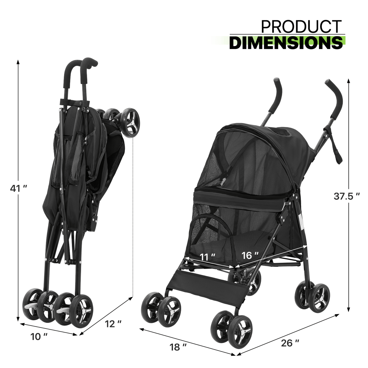Four-Wheel Pet Stroller with Mesh Cabin, Folding Frame, Lower Basket and Ten Color or Print Options — image 2