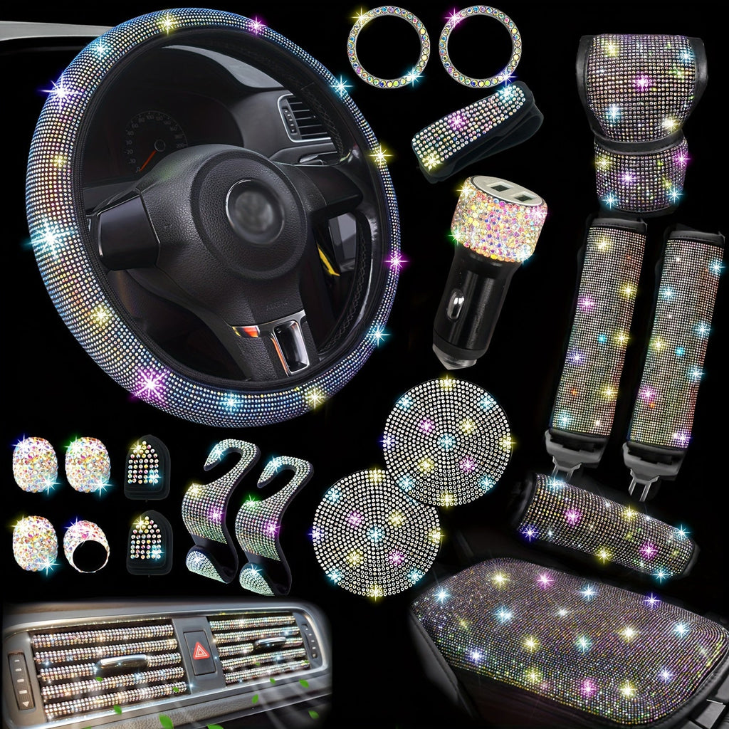 30-Piece Bling Car Interior Accessories Set with 15-Inch Steering Wheel Cover, Seat Belt Pads and Trim — image 15