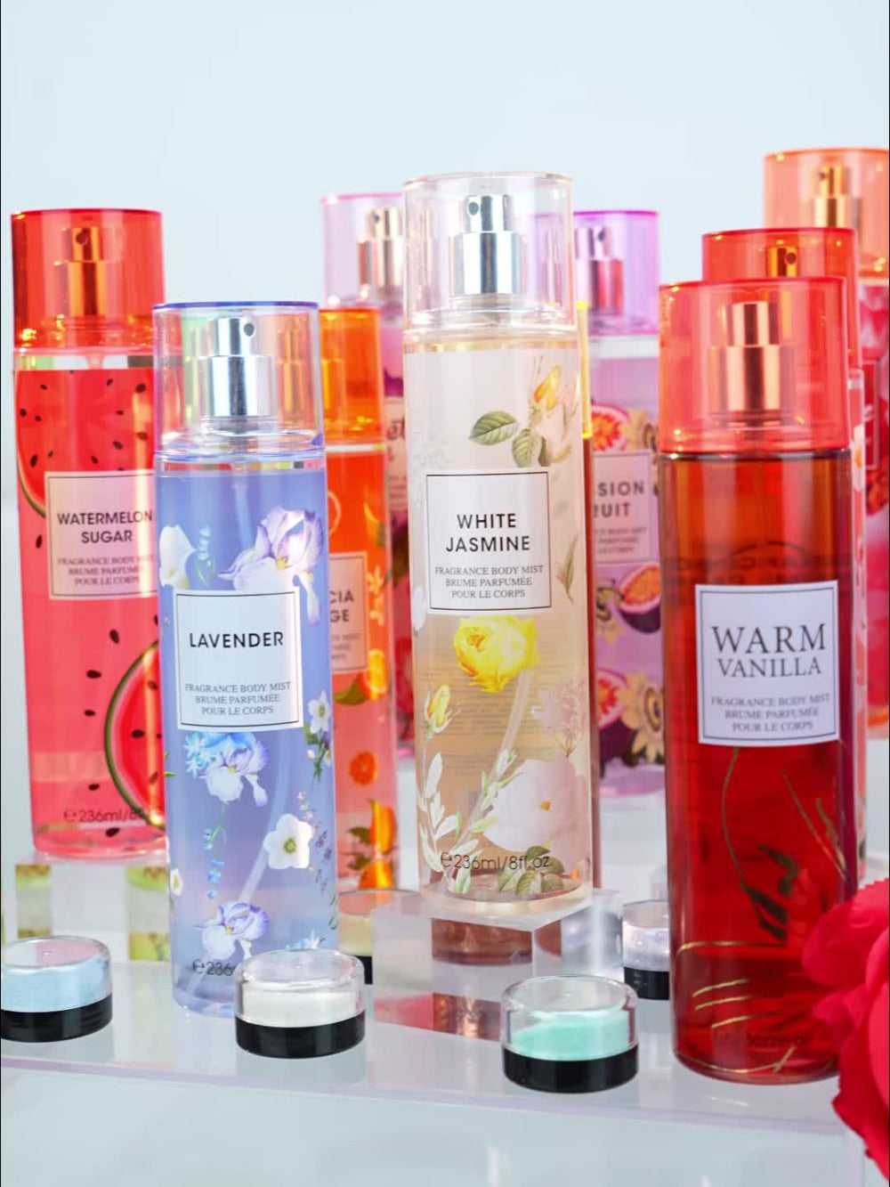 Body Spray for Women 4-Pack 8.4oz Each Hair Body Fragrance Mist Set 20 Floral Fruity Scents Daily Use Gift Value Bundle 250ml