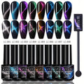 Gel Nail Polish 8-Piece Aurora Magnetic Cat-Eye Set with Black-Crystal Glitter and 3D Light-Shifting Finish for UV/LED Cure —