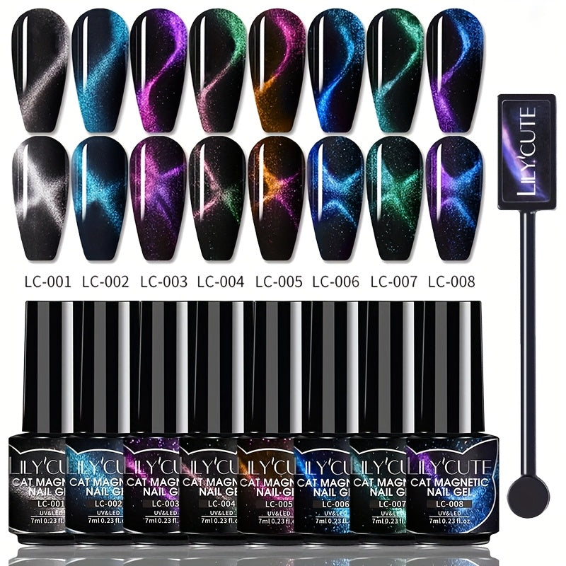 Gel Nail Polish 8-Piece Aurora Magnetic Cat-Eye Set with Black-Crystal Glitter and 3D Light-Shifting Finish for UV/LED Cure —