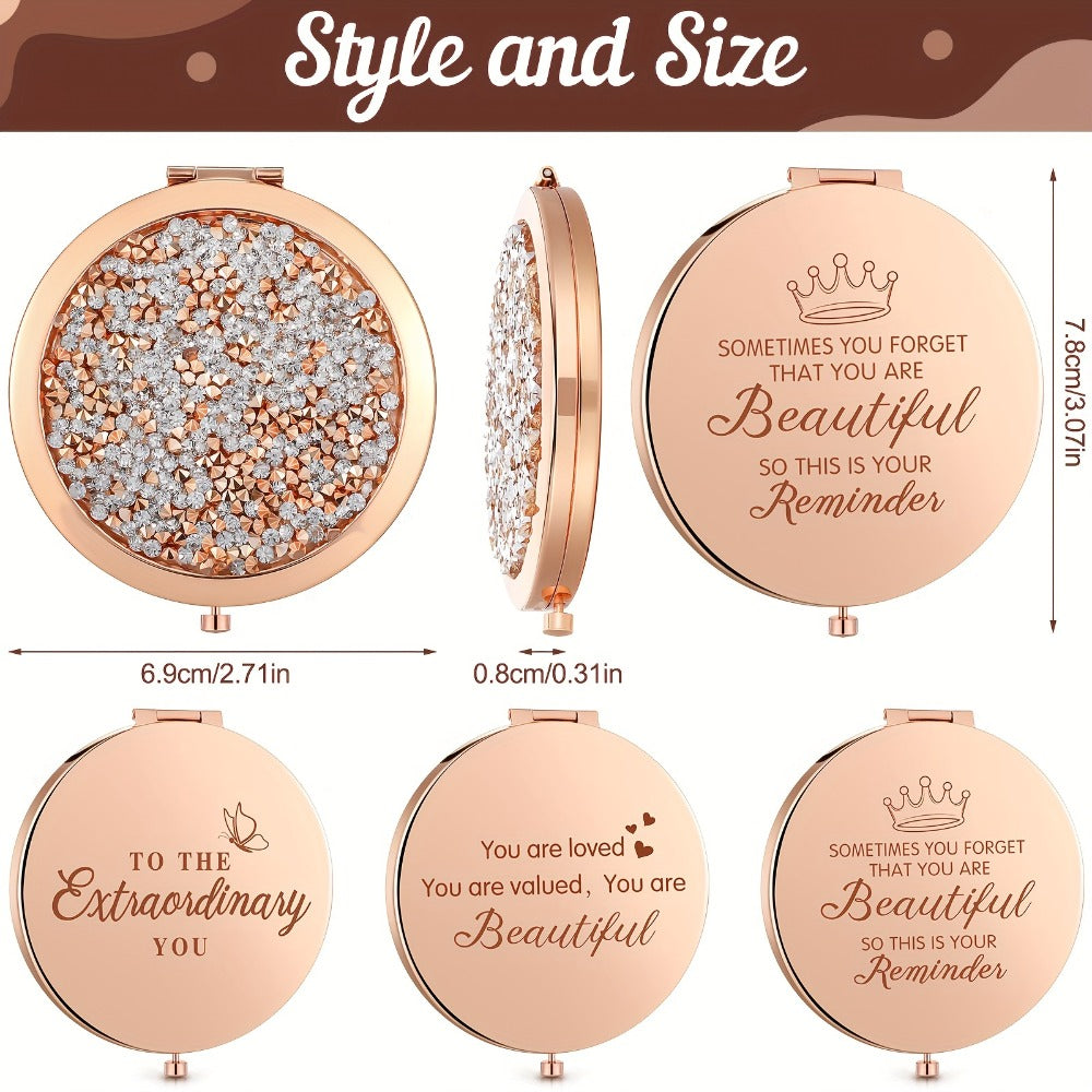 16-Piece Rose-Gold Rhinestone Compact Mirror Set with Engraved Messages and 2X Magnifying View — image 3