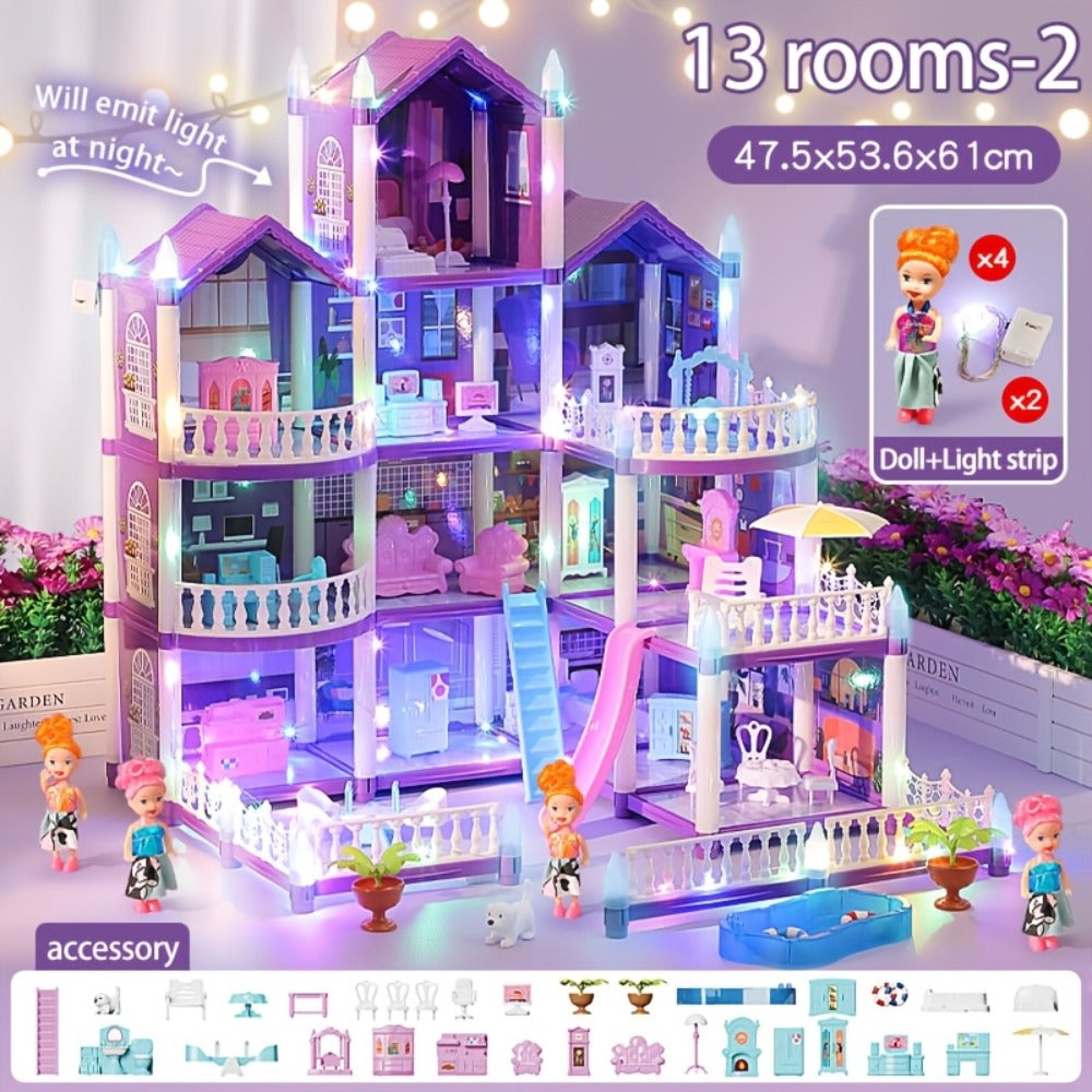 LED Dollhouse Playset for Girls, Purple Multi-Room Playhouse with Doll Figures, Puppies, Furniture & LED Lighting — image 13