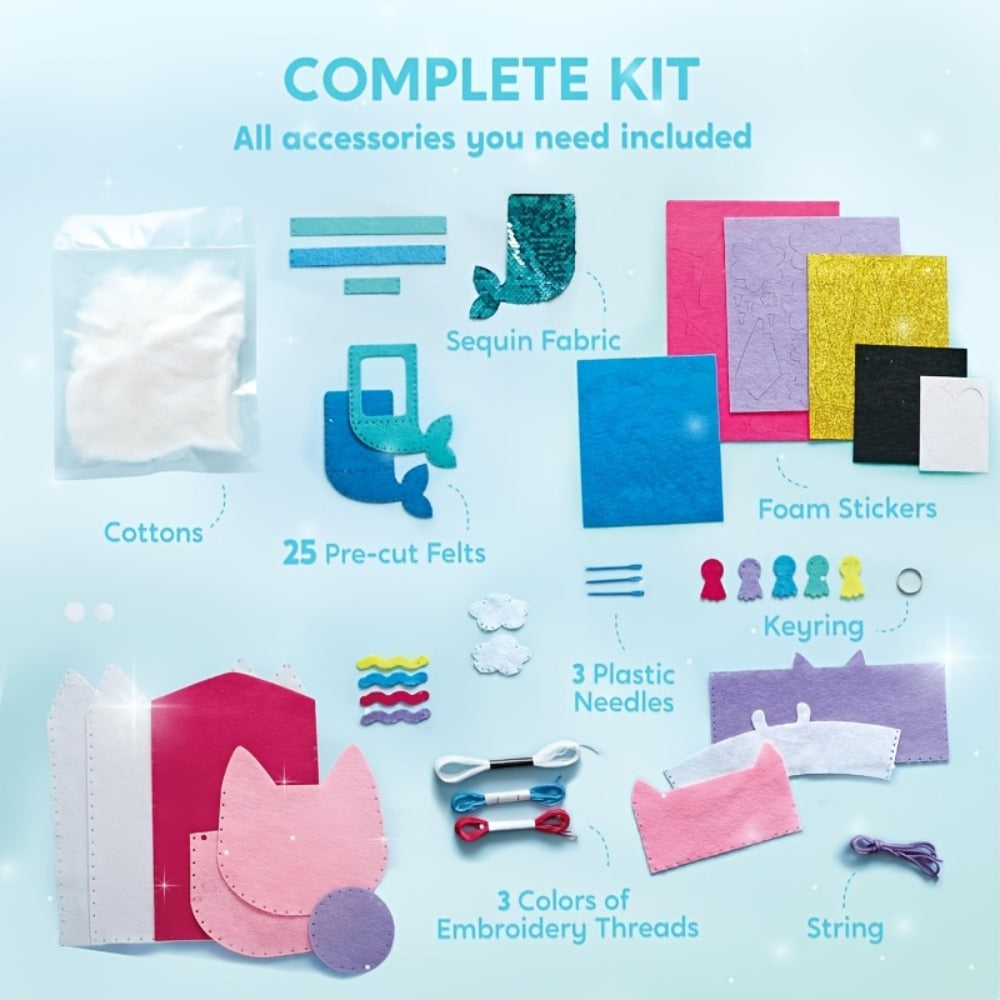 Kids Sewing Kit for Beginners 7 Felt Craft Projects, Pre-Punched Holes Safe Needles Mini Pillow Keychain Card Holder Cup Slee