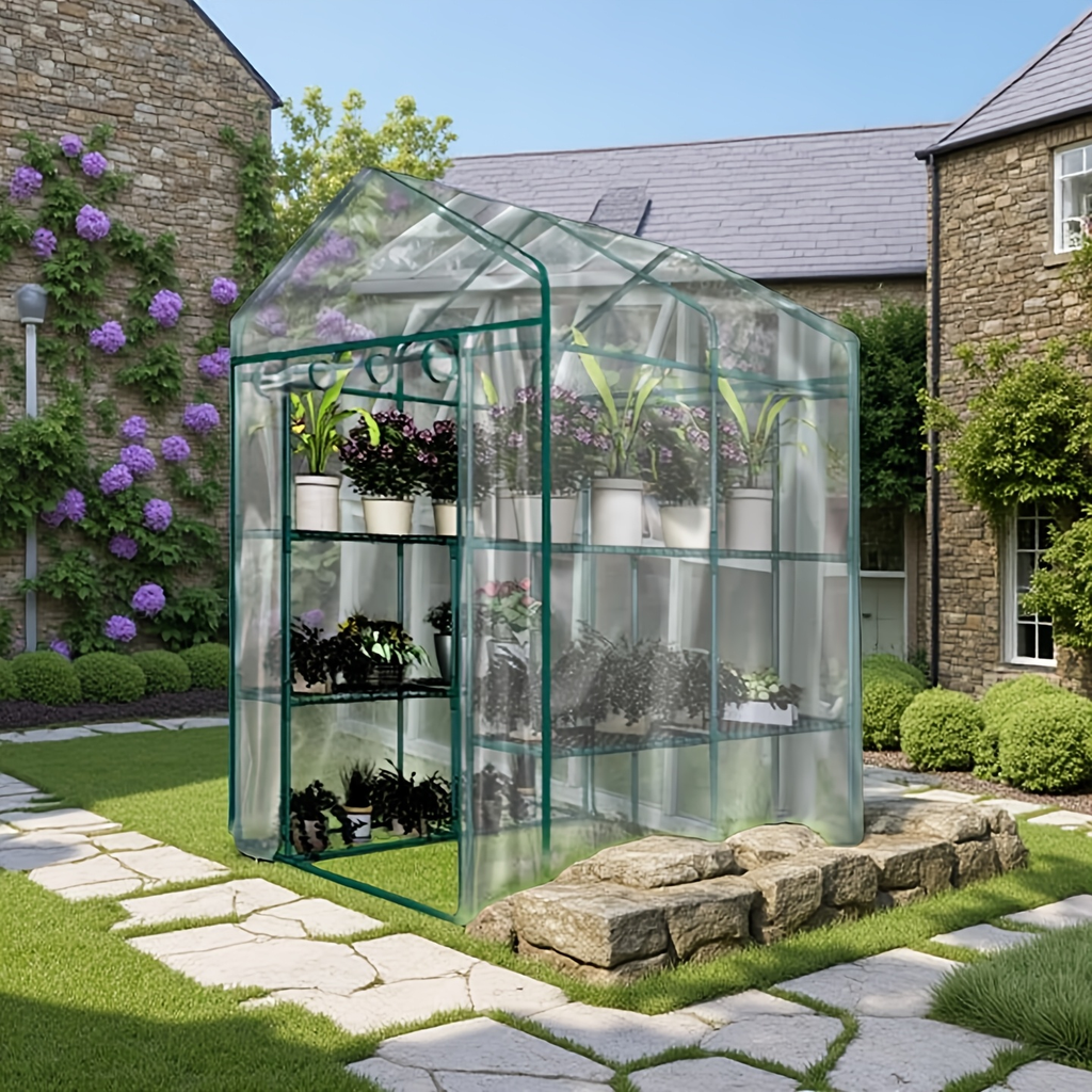 Walk-In Greenhouse Outdoor with Screen Windows, PE Cover, Portable Plant Shelter with Shelving Clips — image 10
