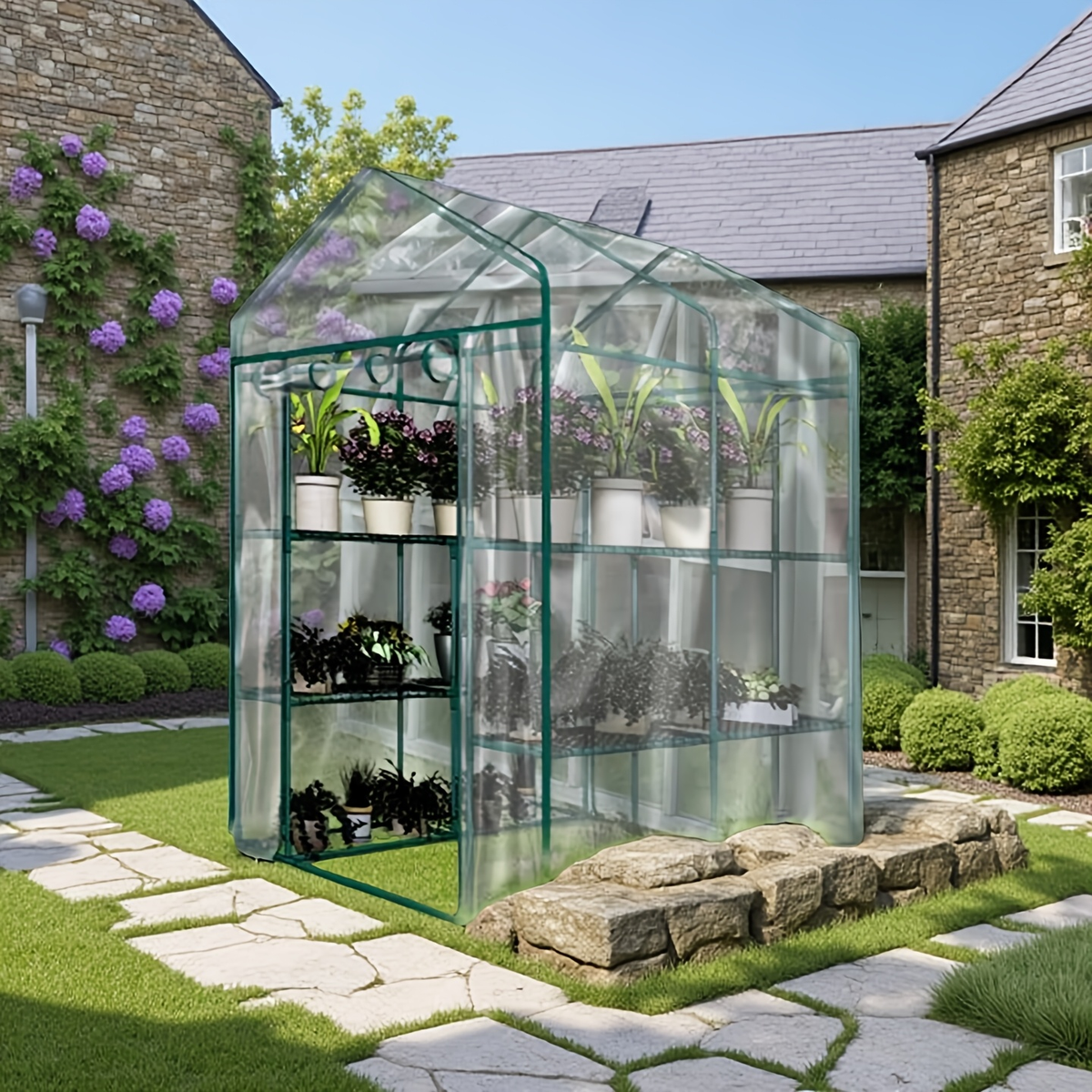 Walk-In Greenhouse Outdoor with Screen Windows, PE Cover, Portable Plant Shelter with Shelving Clips — image 10