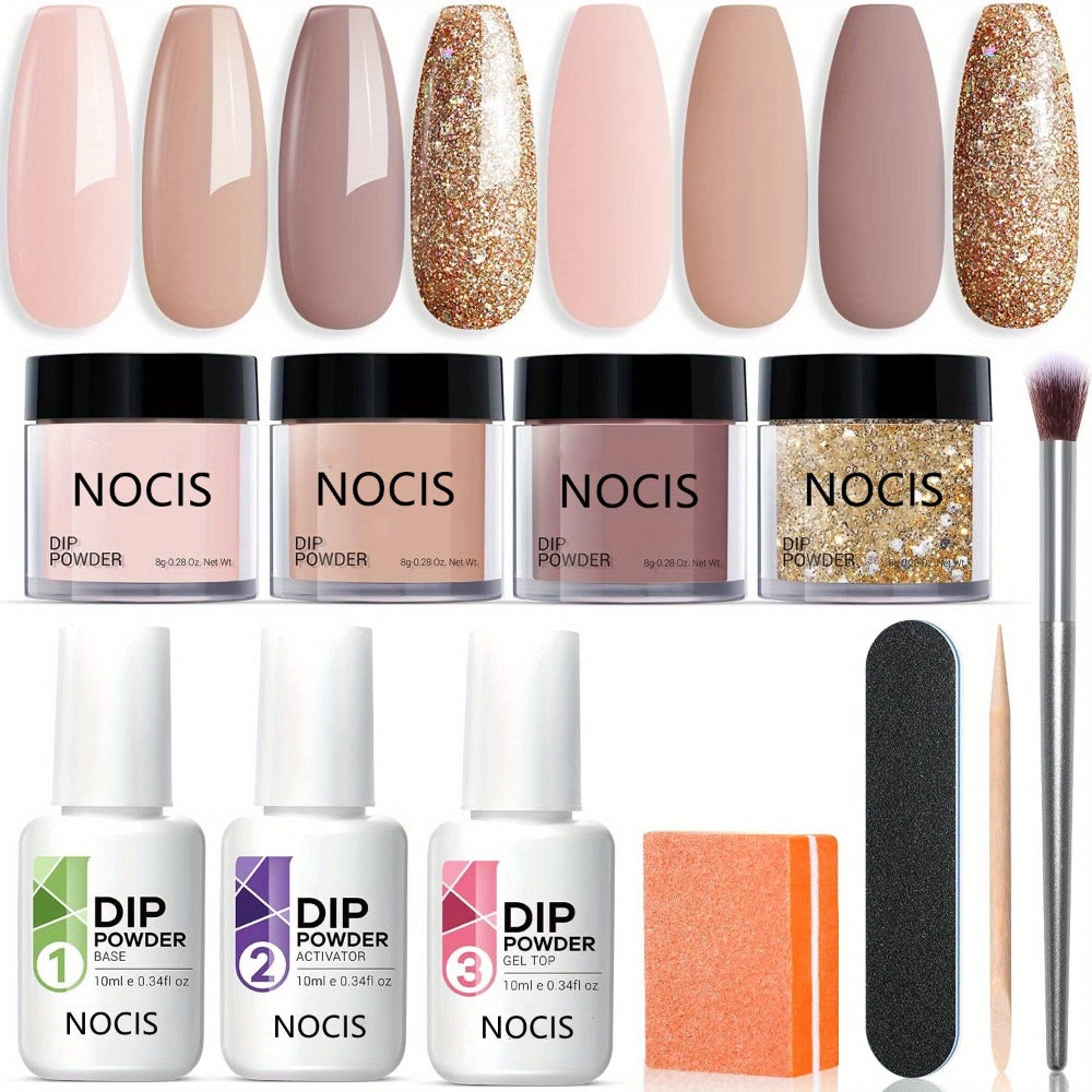 Dip Powder Nail Kit with NOCIS Label, Four Nude and Gold Glitter Powders, Three 10ml Liquids and Four Tools — image 10
