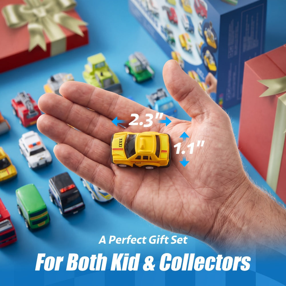 18-Piece Pull Back Mini Cars Set for Kids, City Vehicles Fire Truck Police Car School Bus Freight Train — image 3