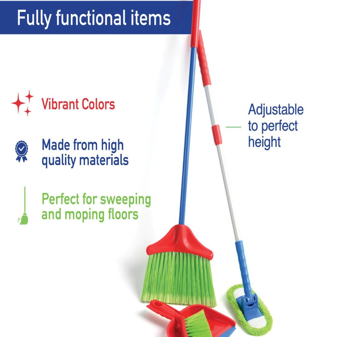 Kids Cleaning Set 4 Piece Toy Broom Mop Brush Dustpan, Pretend Play Housekeeping Kit for Toddlers Boys Girls — image 7