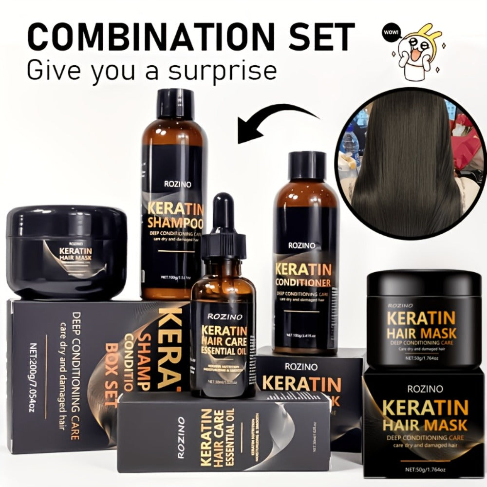 Five-Piece ROZINO Keratin Hair Care Set with Shampoo, Conditioner, Mask and Oil Container Formats — image 1