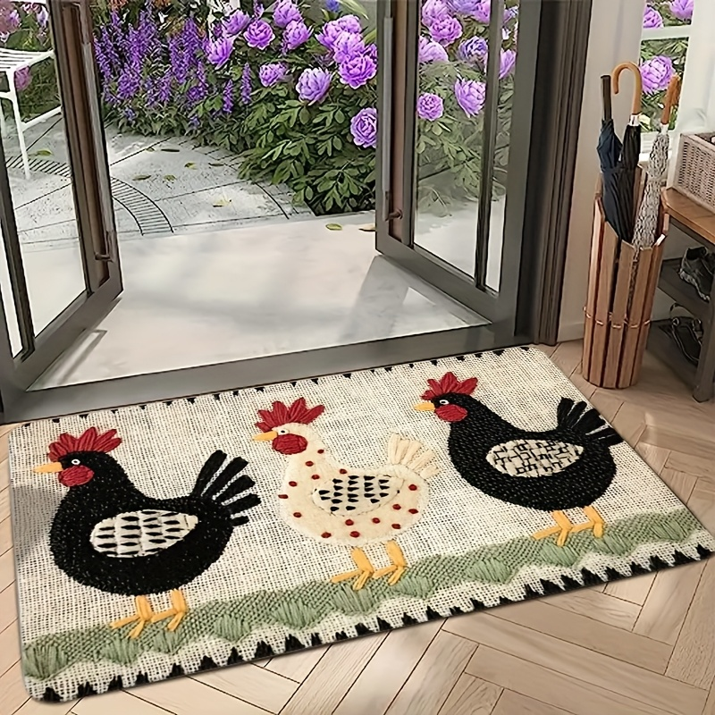 Rooster Print Door Mat with Light Striped Field and Fringed-Look Border in Three Rectangles or One Runner — image 9