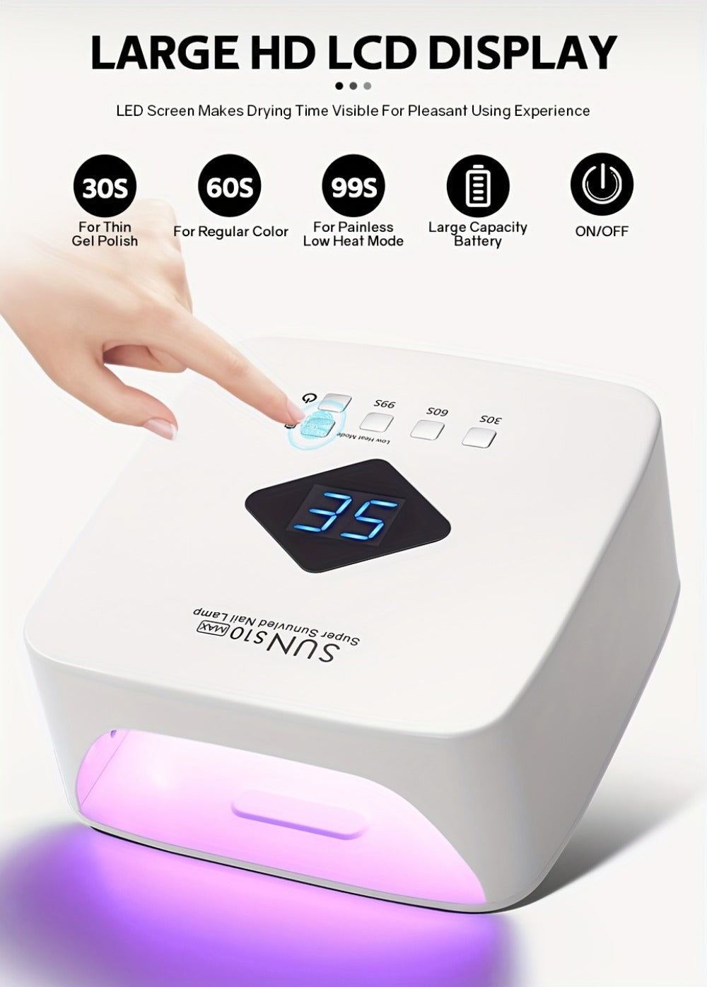 LED Nail Lamp Rechargeable HD Display Smart Nail Dryer Fast Cure All Gel Polish UV Light Cordless Portable Low Heat Mode Home