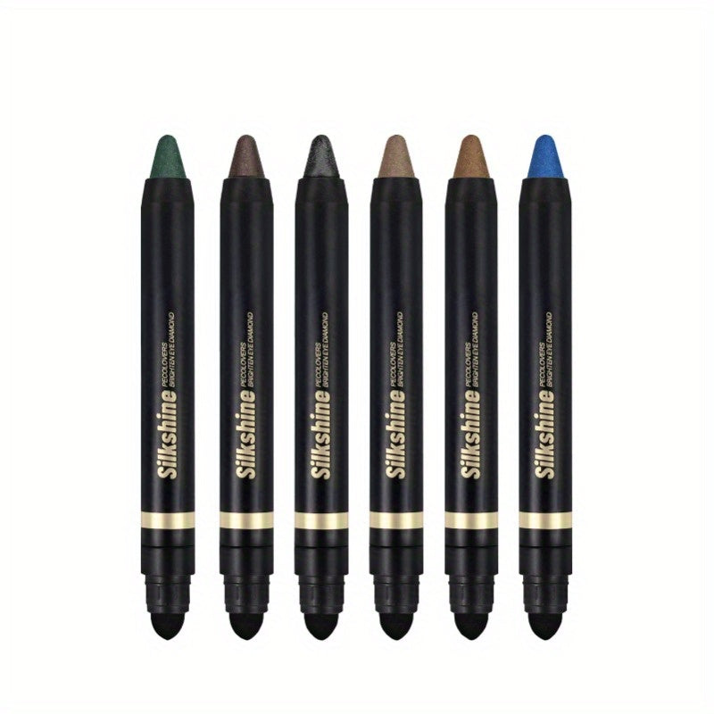 Shimmer Glitter Eyeshadow Stick Set 6 Pcs Dual-Tipped Eye Pencil with Blending Brush Creamy, for Makeup, Travel and Everyday 