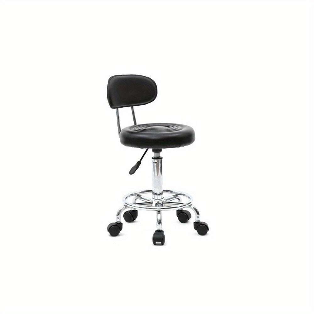 Adjustable Salon Stool with Backrest, Ring Footrest, Five Casters and Black or White Round Padded Seat — image 2