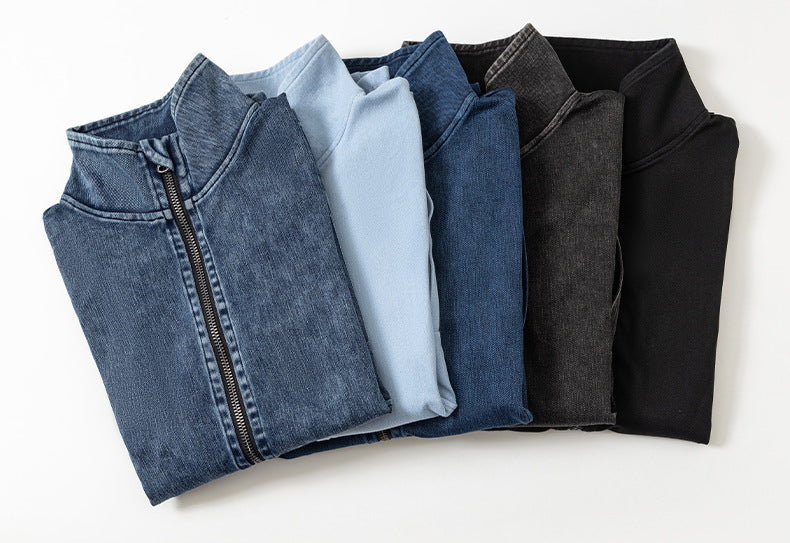 Slim Zippered Yoga Denim Jacket With Pockets High Collar Sports Fitness Outerwear Tops Coat For Women Clothing