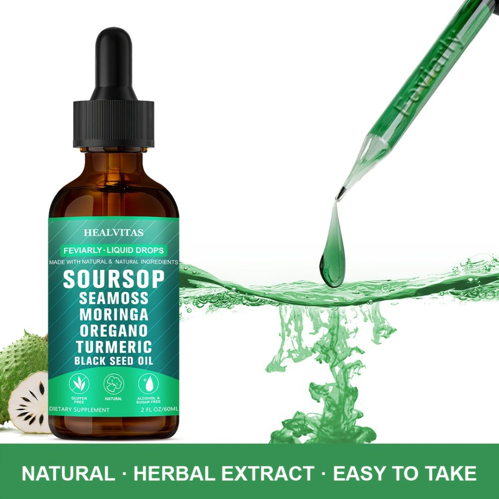 Soursop Bitters Liquid Drops 10-in-1 with Sea Moss Moringa Turmeric Black Seed Oil Oregano for Bath Time, Home Spa and Person
