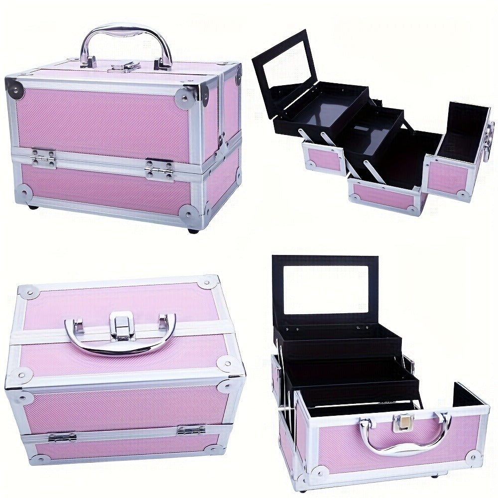 Rolling Makeup Case Aluminum 4-in-1 Extra Large Professional Cosmetic Trolley with 360° Swivel Wheels for Makeup Artist Tatto