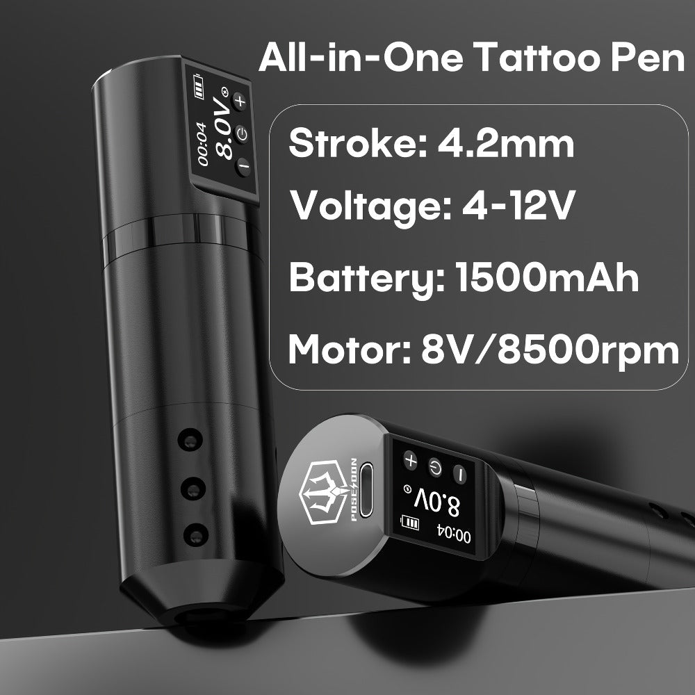 Wireless Tattoo Machine Kit Complete - POSEIDON V5 Rotary Pen with LCD Screen 1500mAh for Temporary Body Art, Festivals and C
