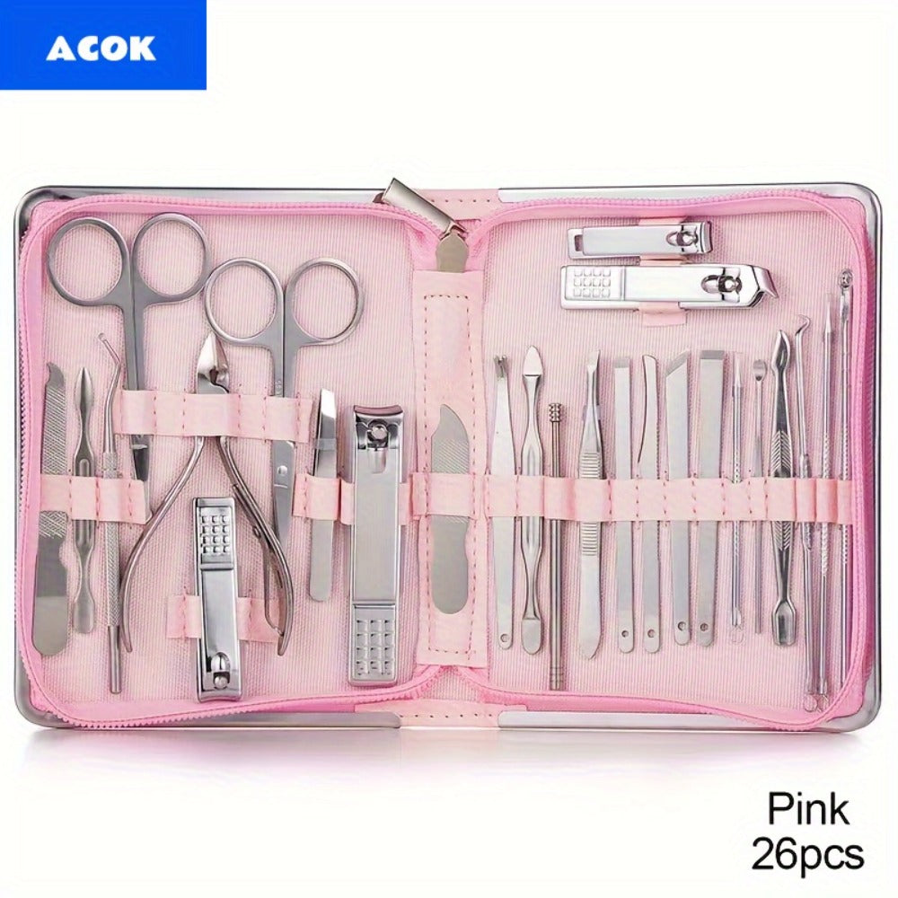 Manicure Pedicure Set 26pcs Pink Stainless Steel – Precision Nail Clippers Cuticle Nipper & Dead Skin Scissors 45° Blade Prof
