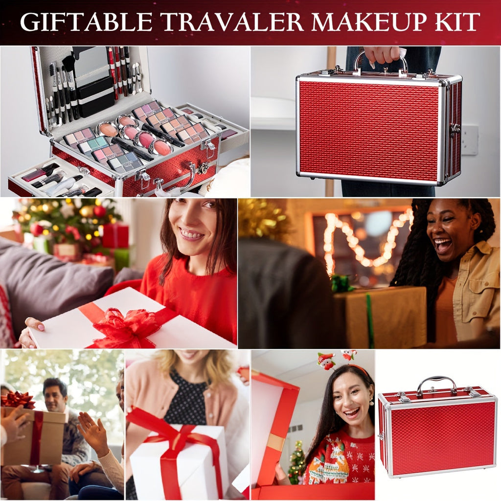 Makeup Kit in Handled Aluminum-Style Travel Case with Mirror, Tiered Trays and Silvery or Red Finish — image 5