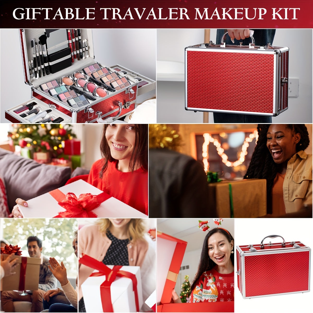 Makeup Kit in Handled Aluminum-Style Travel Case with Mirror, Tiered Trays and Silvery or Red Finish — image 5