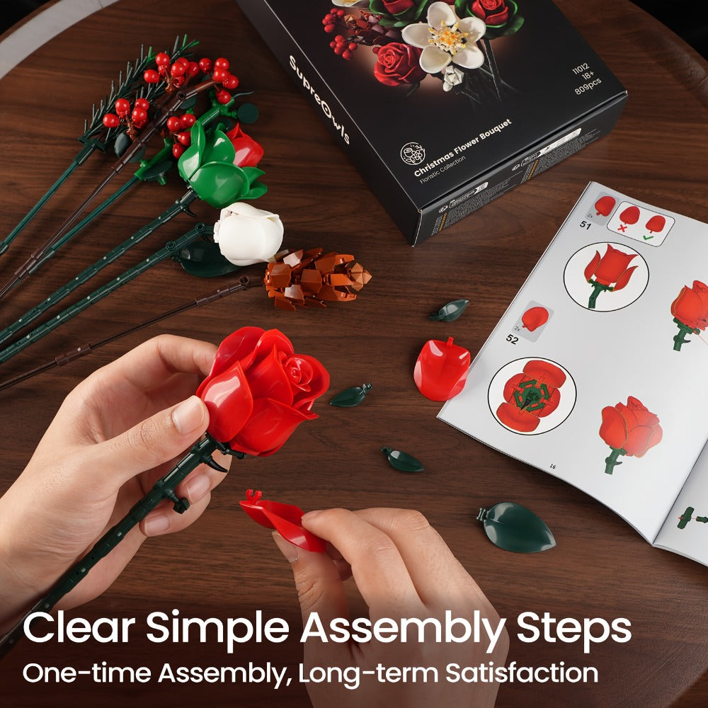 DIY Flower Bouquet Building Kit for Girls & Women – Rose & Lily Brick Set, Healing Series Desk Decoration, Buildable Artifici